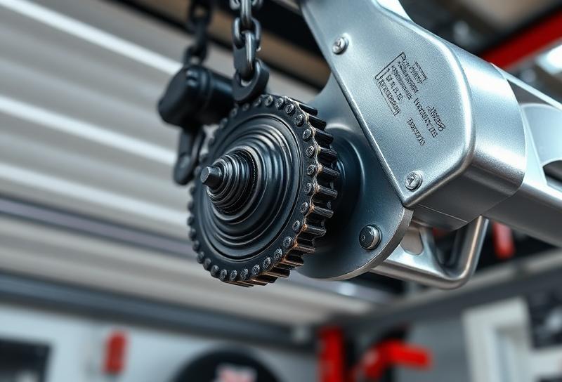 Garage door chain drive mechanism close-up showing sprocket and chain for maintenance guide