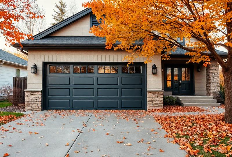 Beautiful home with garage door in autumn with fallen leaves on driveway for seasonal preparation