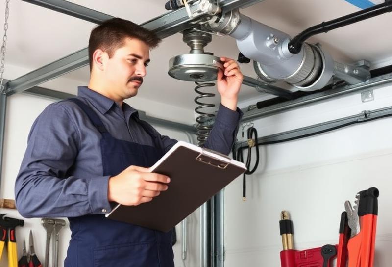 Professional garage door technician with clipboard inspecting door mechanism for preventive maintenance