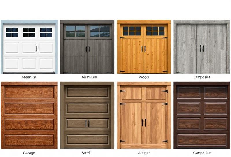 Different garage door material options including steel aluminum wood and composite panels