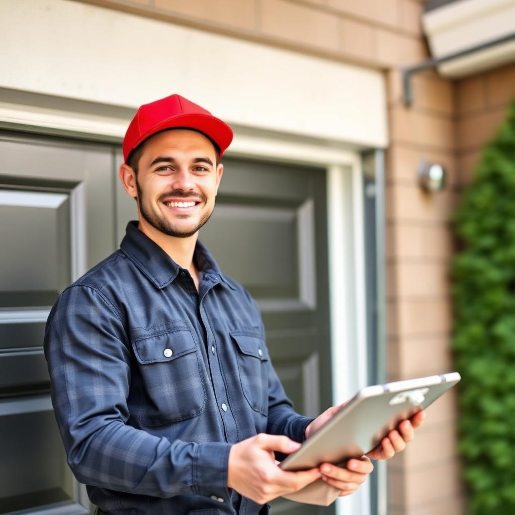Professional garage door technician with tablet doing digital inspection